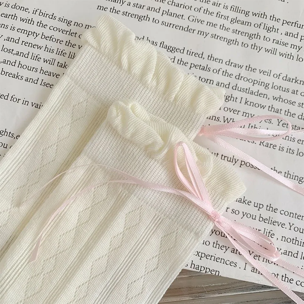 

Soft Cute Bow Sweet Lolita Thin Socks Solid Color Breathable Long Socks Mesh Bowknot Socks Summer