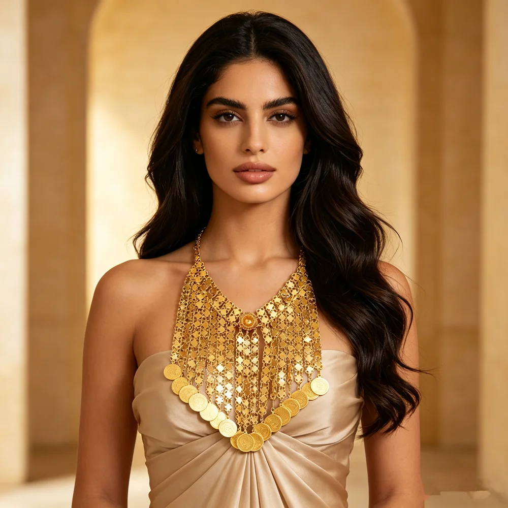 Bohemian Cascading Coin Necklace Multi Layer Cascading Portrait Coins Neck Jewelry For Wedding Evening Banquet Gown