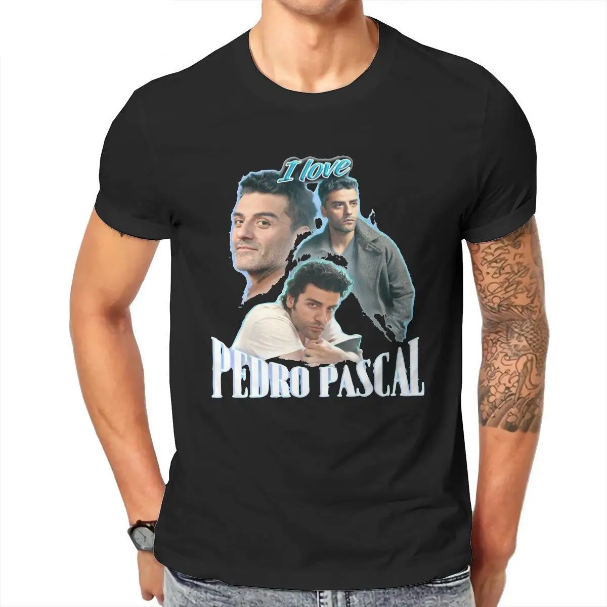 Fun I Love Pedro Pascal T-Shirt for Men Cotton T Shirts Oscar Isaac Cursed Fan Collage Short Sleeve Tees New Arrival Clothes