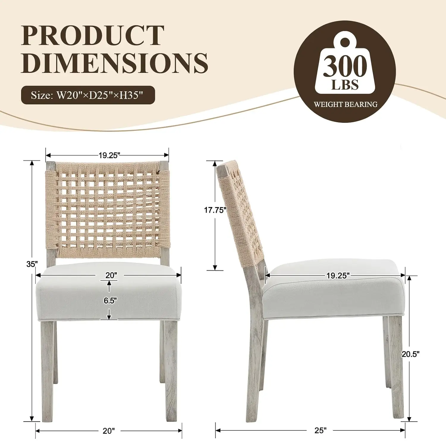 Upholstered Dining Chair Set 4, Woven Rope Back, Washed Wood Leg, Farmhouse Kitchen Side Chair, Ivory Linen, Customized