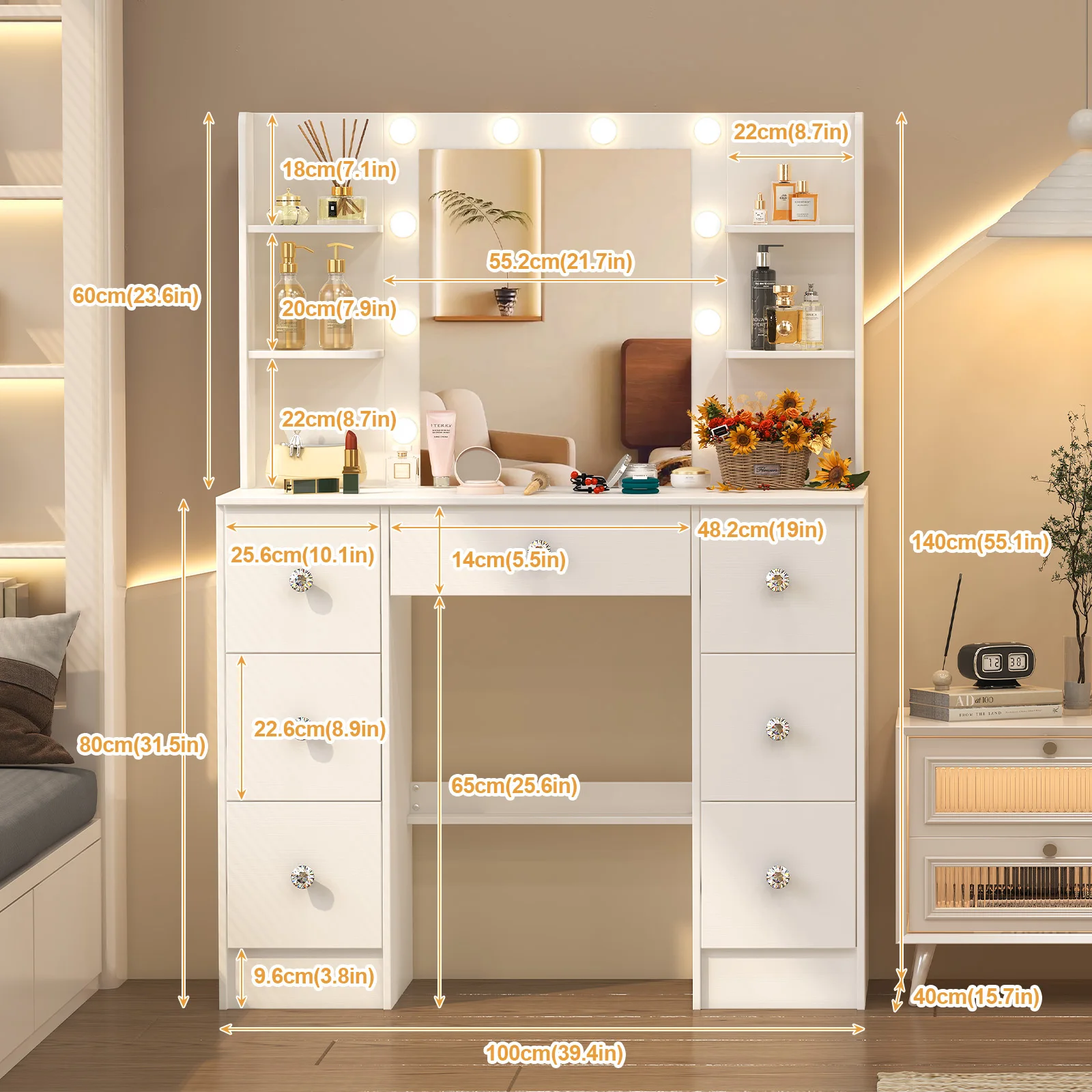 طاولة زينة خشبية معاصرة مع مرآة مضيئة - 3 أوضاع قابلة للتعتيم وأدراج وتخزين