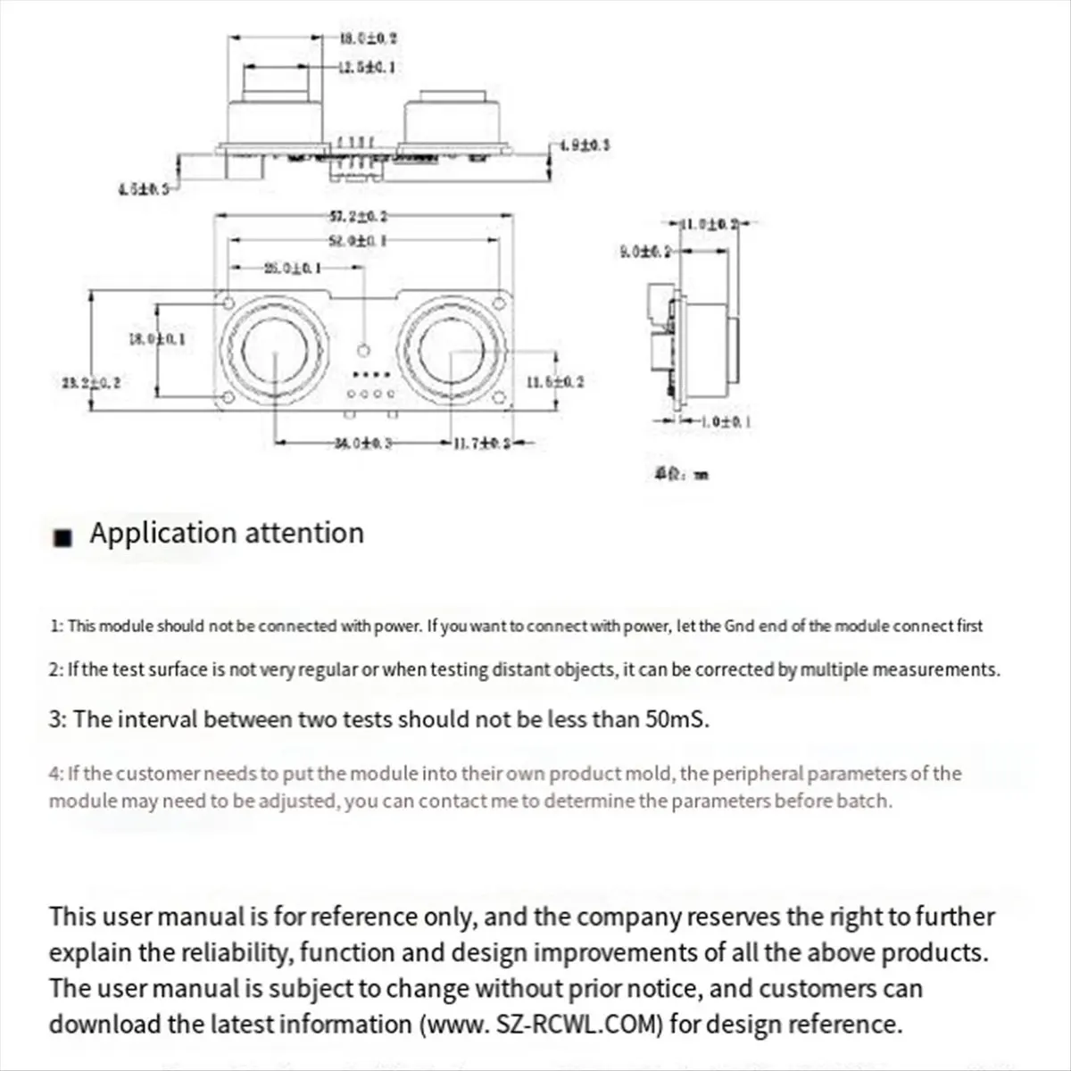 A40I RCWL-1670 Waterproof Transceiver Split Ultrasonic Ranging Module 2cm-400cm Distance DC3-5V for Water Level Measurement