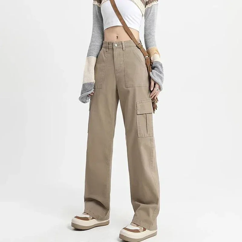 New Women Korean High Waist Straight Leg Jeans Girls High Street Comfortable Cargo Pants Lady Khaki Multi Pockets Denim Trousers