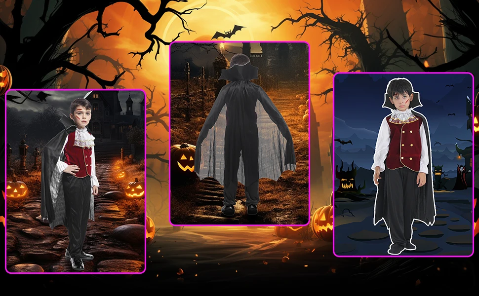 Jungen Halloween Vampir Cosplay Kostüm Kind Erwachsene Vampir Uhr Karneval Party Outfit Kostüme mit falschen Zähnen Gehstock – Detail 7