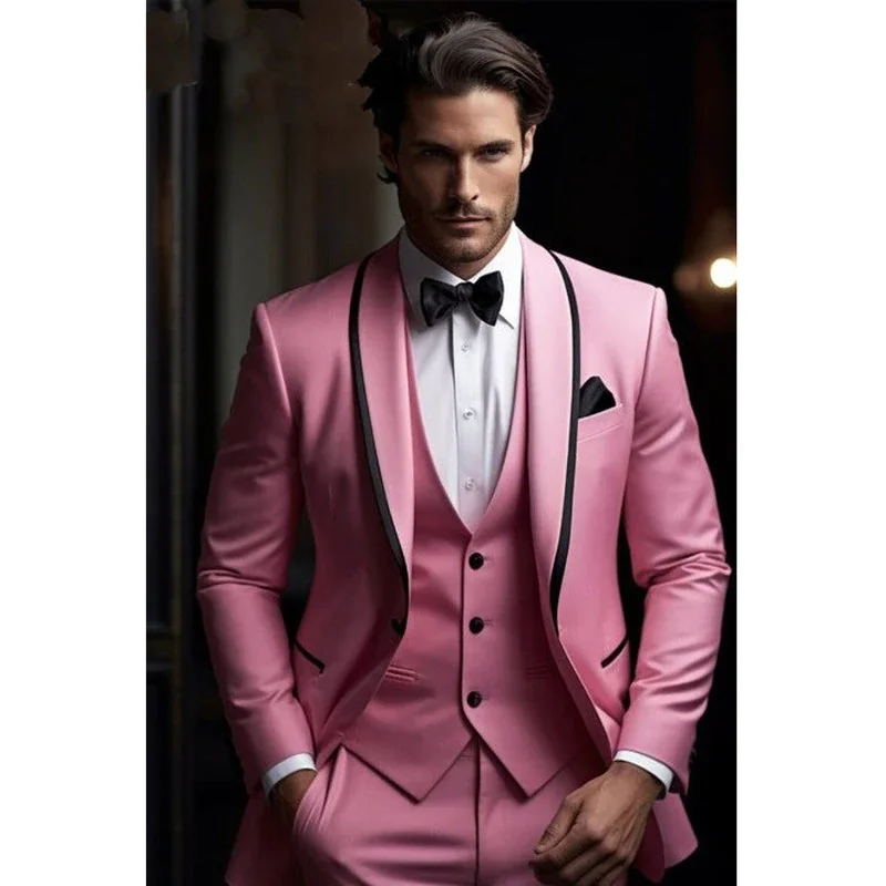 

Pink Male Formal Men Suit Groom Groomsman Wedding Party Prom Business Tuxedos 3 Piece Set Blazer Vest Pants