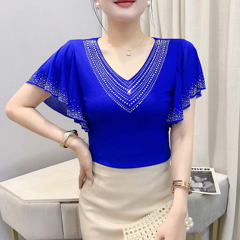2026 Summer New Arrival Designer Ruffled V-Neck Mesh Rhinestone Short Sleeve Top for Women, Chic Elegant Unique T-shirt