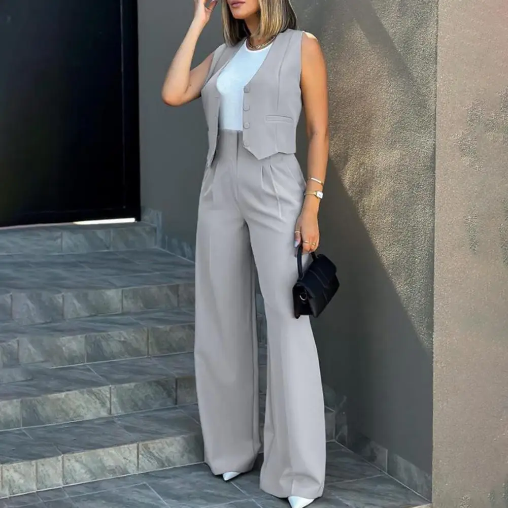 

Female Chic Set Solid V-Neck Sleeveless Single-Breasted Waistcoat+High Waist Elastic Waist Pockets Drawstring Long Pant