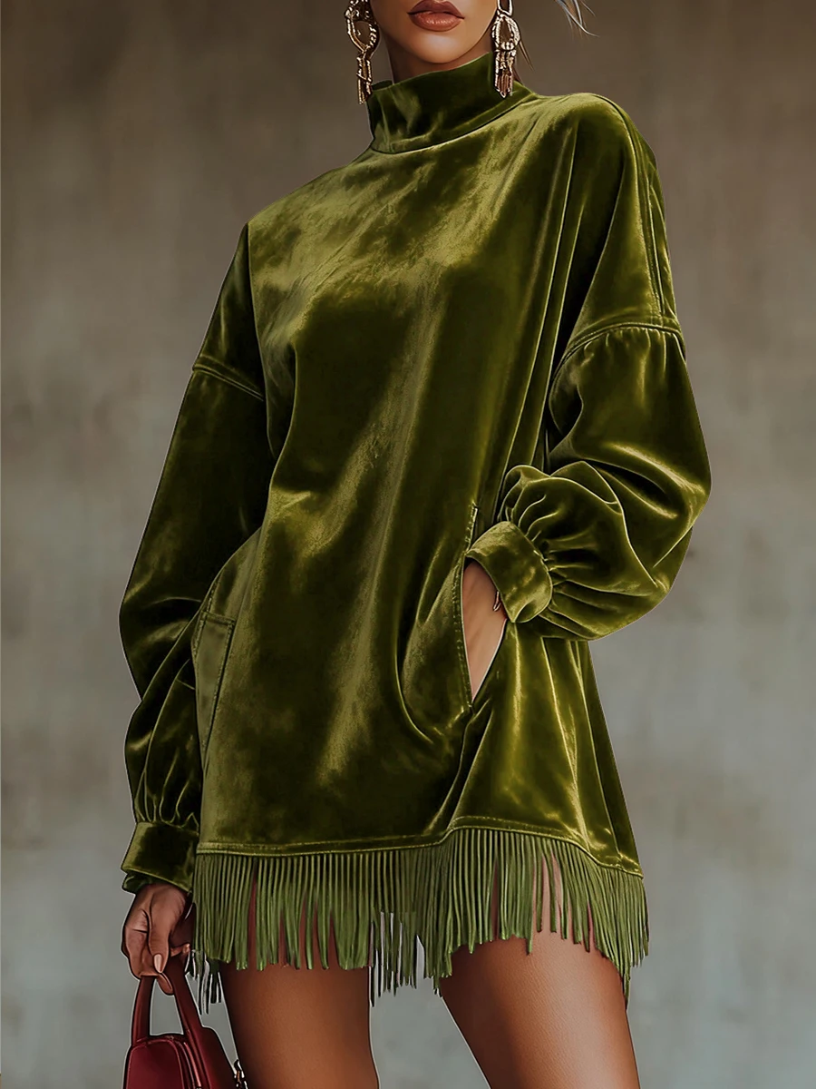 المرأة المخملية شرابة هيم فستان قصير جيوب الياقة المدورة فضفاضة شيك فانوس كم الصلبة عادية أنيقة الخريف خمر فستان