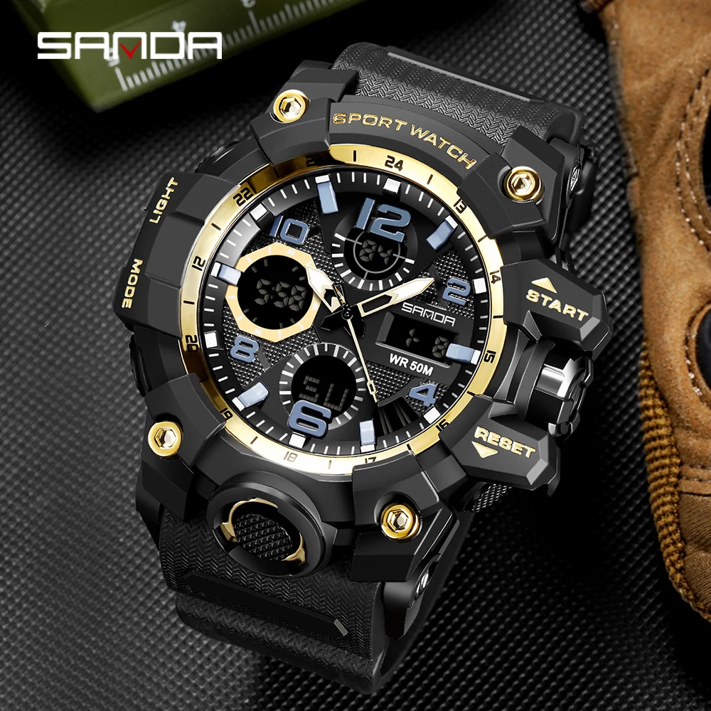 

SANDA 2026, модные мужские электронные часы, спортивные многофункциональные водонепроницаемые светодиодные мужские электронные часы с двойным дисплеем, Reloj Hombre