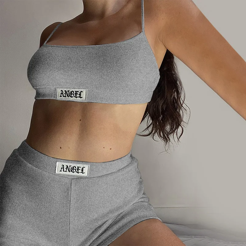 Cotton Home Suit Gothic Angel Letter Embroidery Women Pajamas Streetwear Gyms Two Piece Set Mini Crop Top Camisole Sporty Shorts