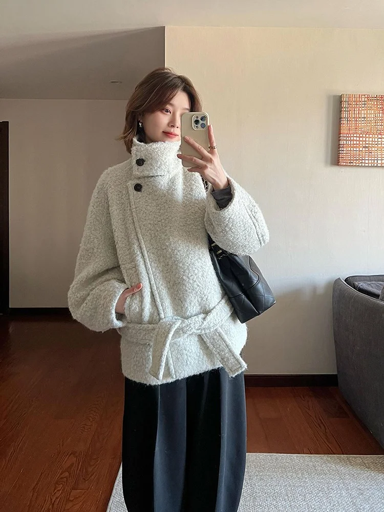 Koreański płaszcz wełniany z kołnierzem stójką, luksusowy, damski, zimowy, nowy, luźny, casualowy, długi, ciepły.