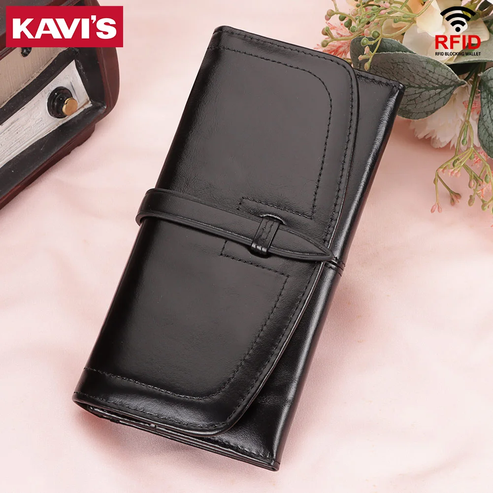 

KAVIS 100% Genuine Leather Long Clutch Money Bag For Women With Phone Pocket Female Luxurious Handbag Card Holder Wallet