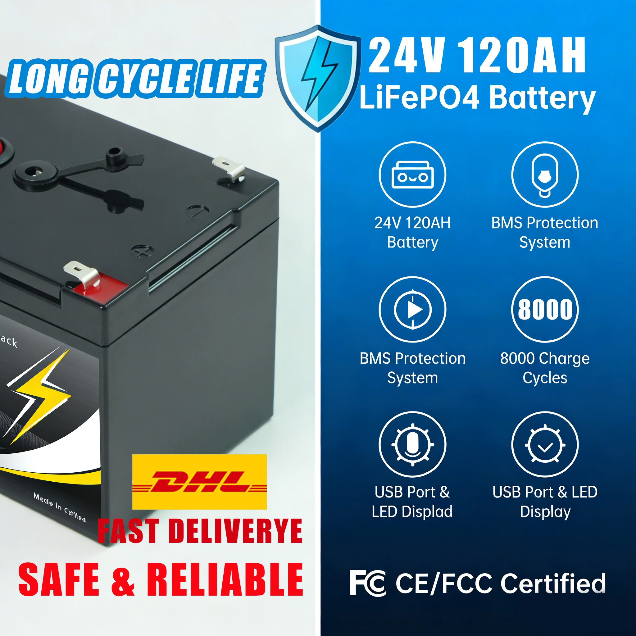 

SolarBattery 24V 120AH Lithium LiFePO4 Battery with Smart BMS for Solar Energy Storage, RecreationalVehicles, and Marine Use