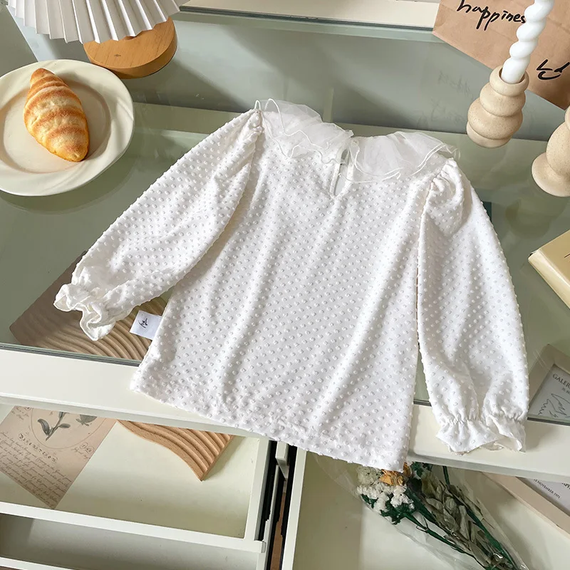 

1-8Y Children Versatile T-shirt Kids Girls White Bottom Shirt Lace Layered O-neck Long Sleeve Dot Print Pullover Soft Tops Shirt