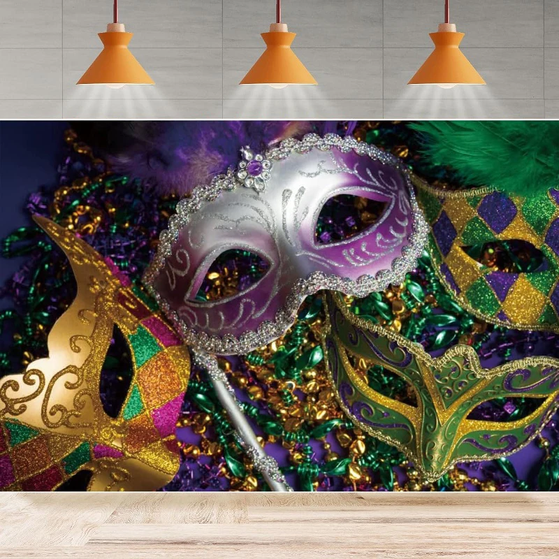 

Mardi Gras Photography Backdrop Party Various Colorful Mask Green Gold Glitter Beads Masquerade Background Wall Decor Banner