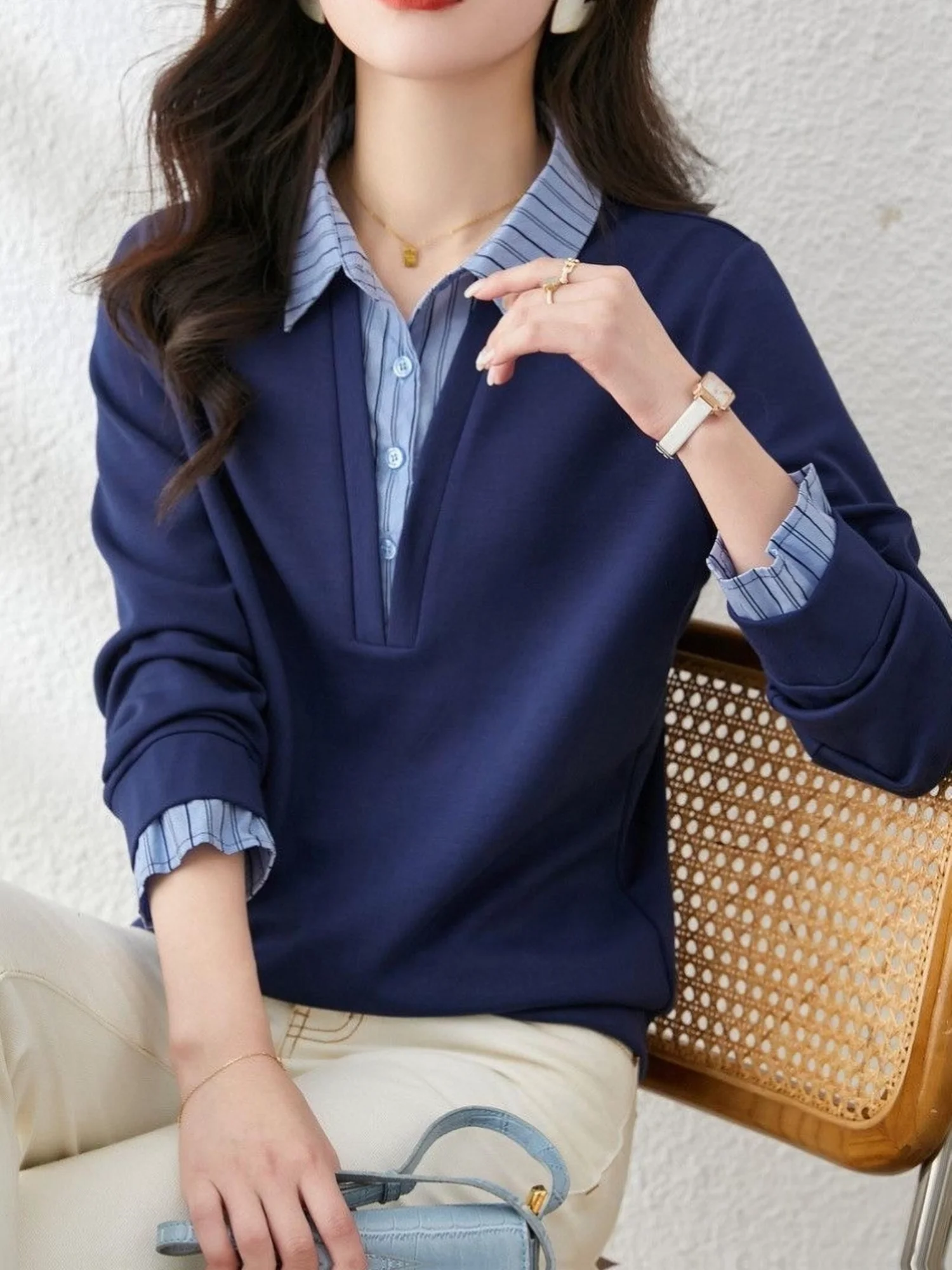 Right shoulder long-sleeved polo shirt for women new summer contrast striped lapel shirt casual T-shirt small shirt versatile to