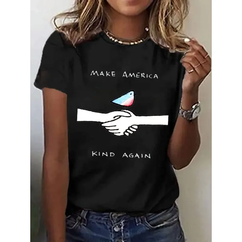 ilstile Women's Letter Print T-Shirts Summer Short Sleeve Casual Loose T Shirt Round Neck Tops Tees White Black Blue Hot Sale