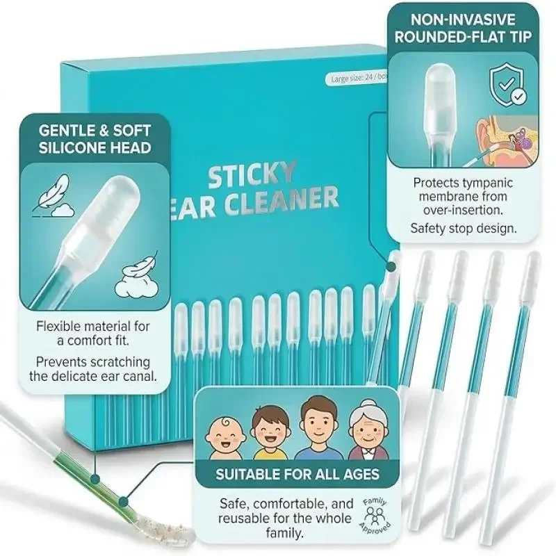 24Pcs/Box Silicone EarWax Remover Sticky Ear Picks Disposable Adhesive Earpick Reusable Ear Cleaner for Kids & Adults Swabs Tool