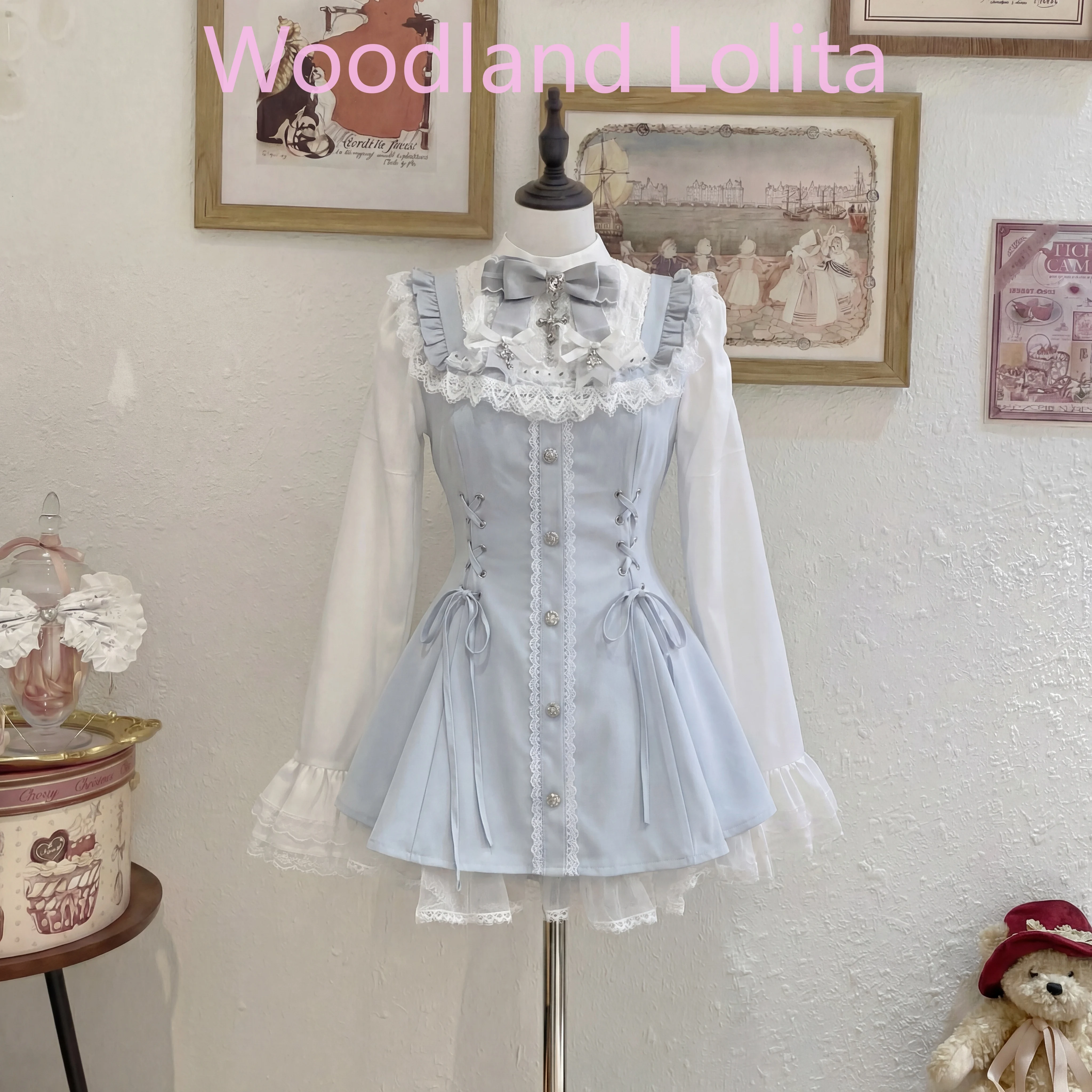 

Y2k Aesthetic Lolita Style Bow Dress Shorts Set Women Kawaii Lace Flare Sleeve Bow Shirt Dress Japanese Punk Party Mini Dress