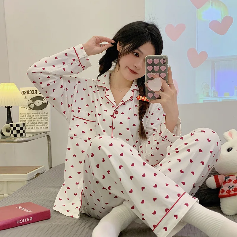 

Женская пижама Ins Sweet Heart в корейском стиле, длинные брюки с длинными рукавами, студенческий повседневный комплект домашней одежды на весну и осень.