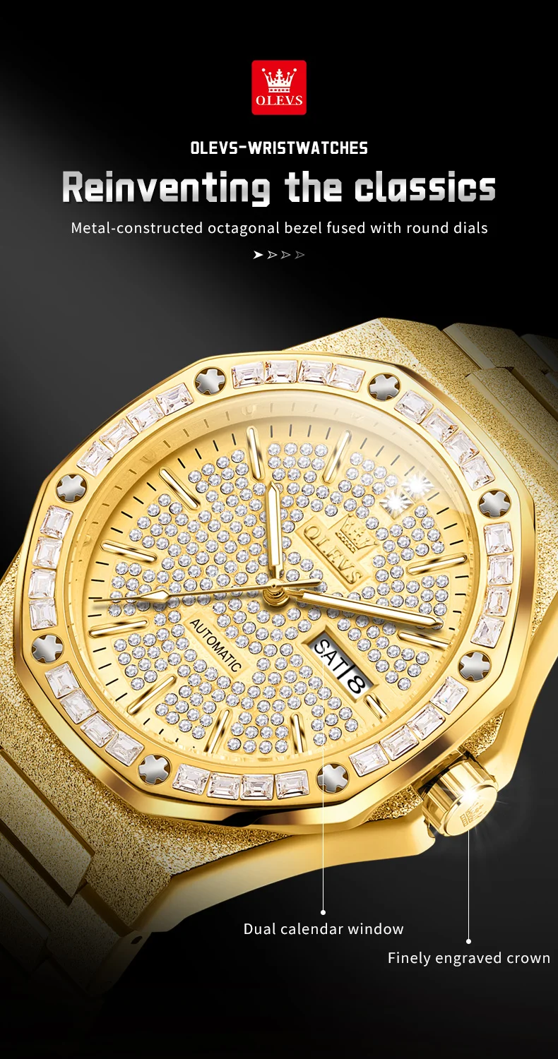 OLEVS 9803 Voll Diamantbesetzte Automatische Mechanische Uhren für Herren Luxus Edelstahl Wasserdicht Doppelkalender Business Herrenuhr – Detail 9