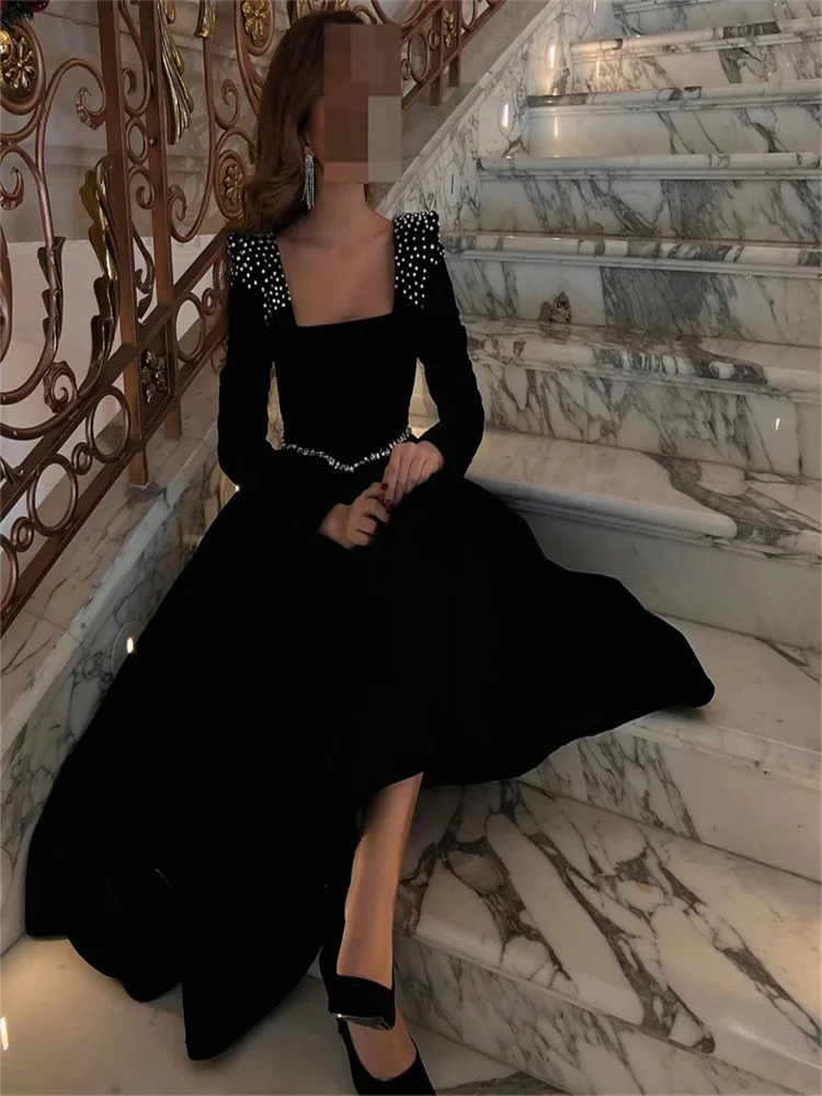 Elegant Square Neck Evening Dress Black Party Dresses Style Elegant Fashion Long Sleeveless Formal Prom Gown فساتين مناسبة رسمية