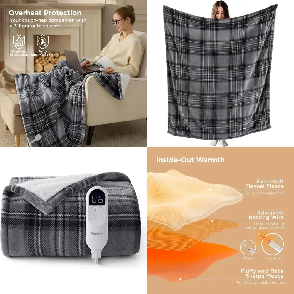 

Flannel Sherpa Electric Blanket with Plaid, 6 Heat Levels, 4 Timers, 3-Hour Auto-Off, Ideal Warm Gift for Grandma (Grey, 50x60)