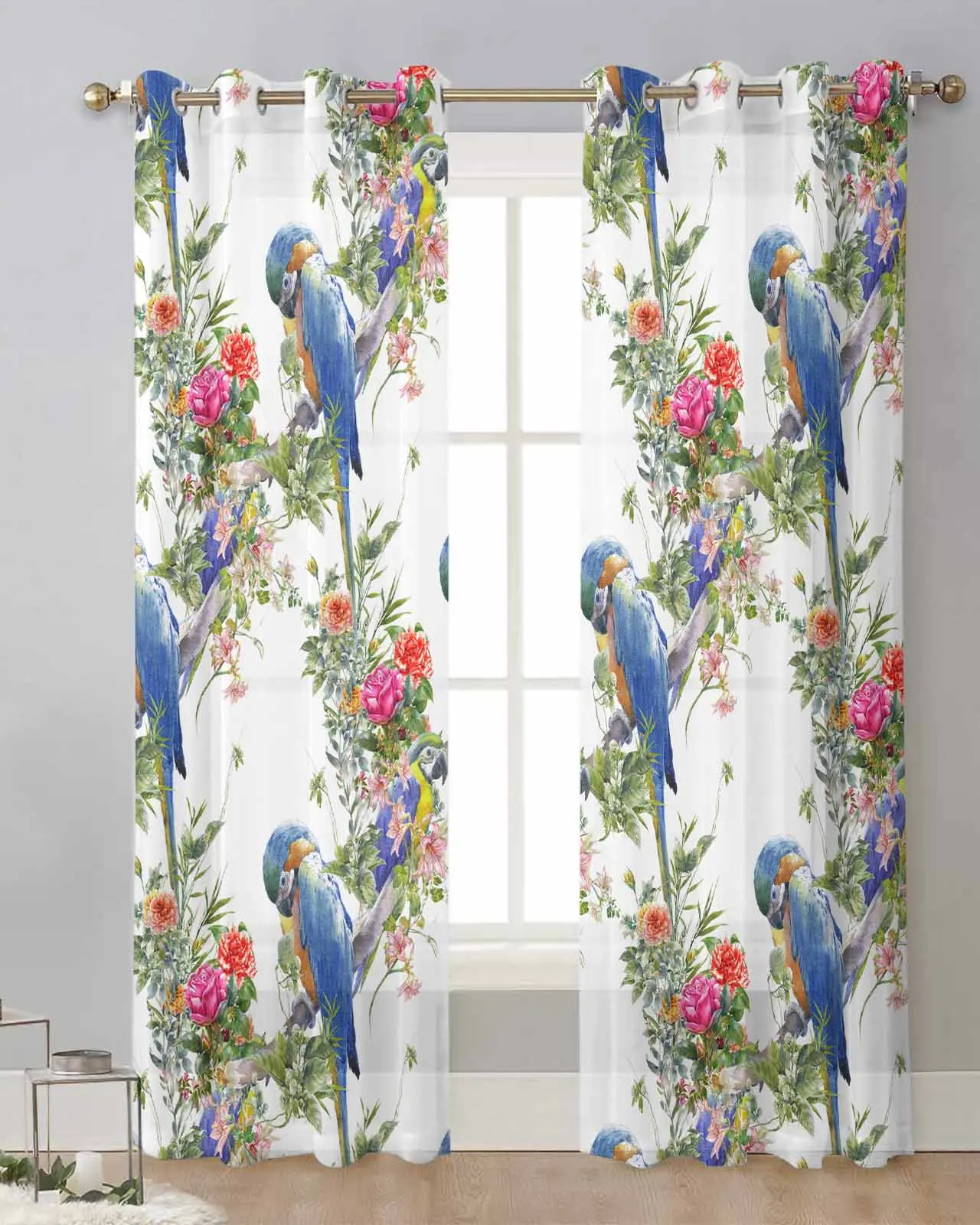 Watercolor Hand-Painted Flower Parrot Retro Sheer Curtains for Living Room Printed Tulle Window Curtain Luxury Home Decor Drapes