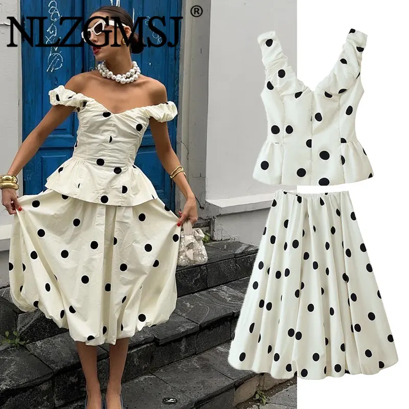 Conjunto de Dos Piezas con Estampado de Lunares para el Verano 2026, Top Peplum con Hombros Descubiertos y Falda Midi, Atuendo Elegante para Mujer para Fiestas