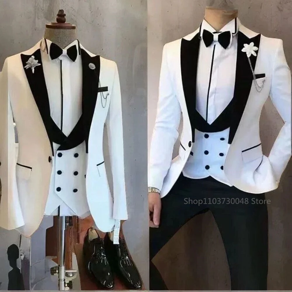 Latest Solid Formal Men\'s Wedding Suit Slim Fit Elegant Groom Tuxedos Business Party Suits 3 Pieces Sets (Jacket+Vest+Pants)