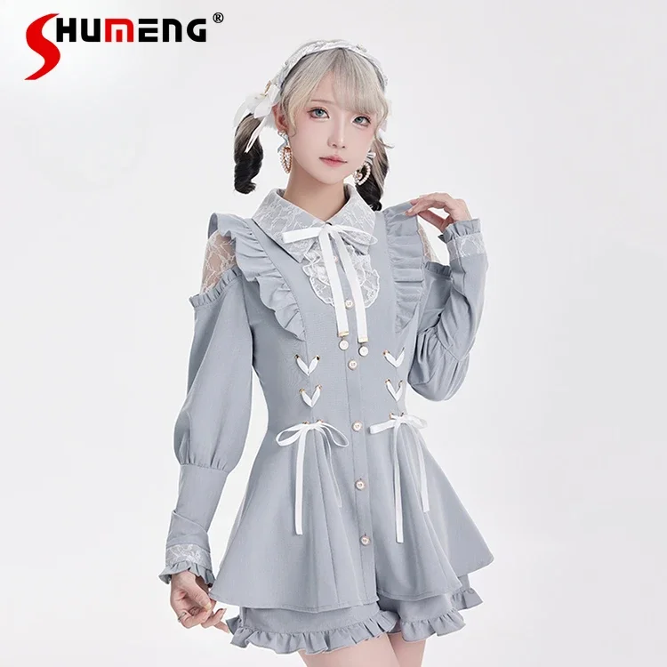 

Women's Japanese Style Sweet Bow Lace-Up Slim Long Sleeve Off-Shoulder Dress Shorts 2 Pieces Sets, Autumn Outfits 2024
