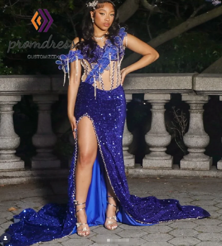 

Luxury Blue Sequin Evening Gowns For Nigeria Women Sexy High Slit Black Girls Prom Dress With Beaded Florals Sparkly Formal Wear