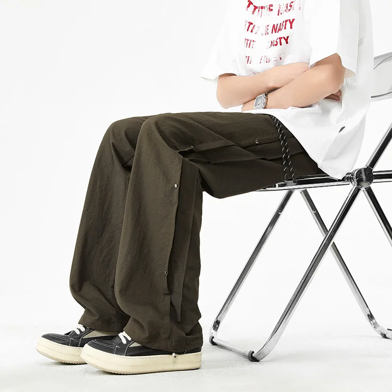 

Мужские повседневные брюки прямого кроя в рабочем стиле с боковыми пуговицами, свободные брюки с широкими штанинами на шнурке, универсальные длинные брюки в уличном стиле