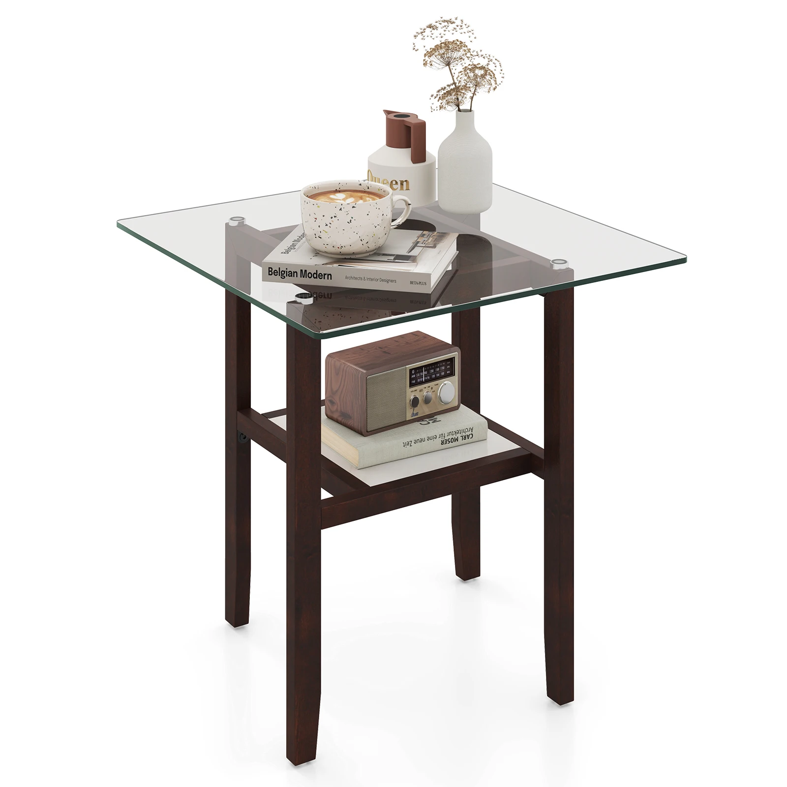 

24-дюймовый квадратный стеклянный приставной столик с полкой для хранения и резиновой деревянной рамой для гостиной