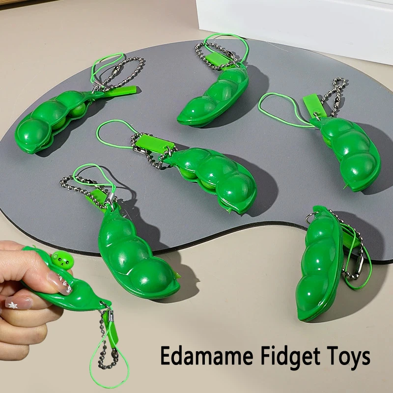 1/3Pcs Cute Squeeze Green Bean Keychain Keyring Fidget Toys Creative Stress Relief Pendant For Bag Key Decoration Birthday Gift
