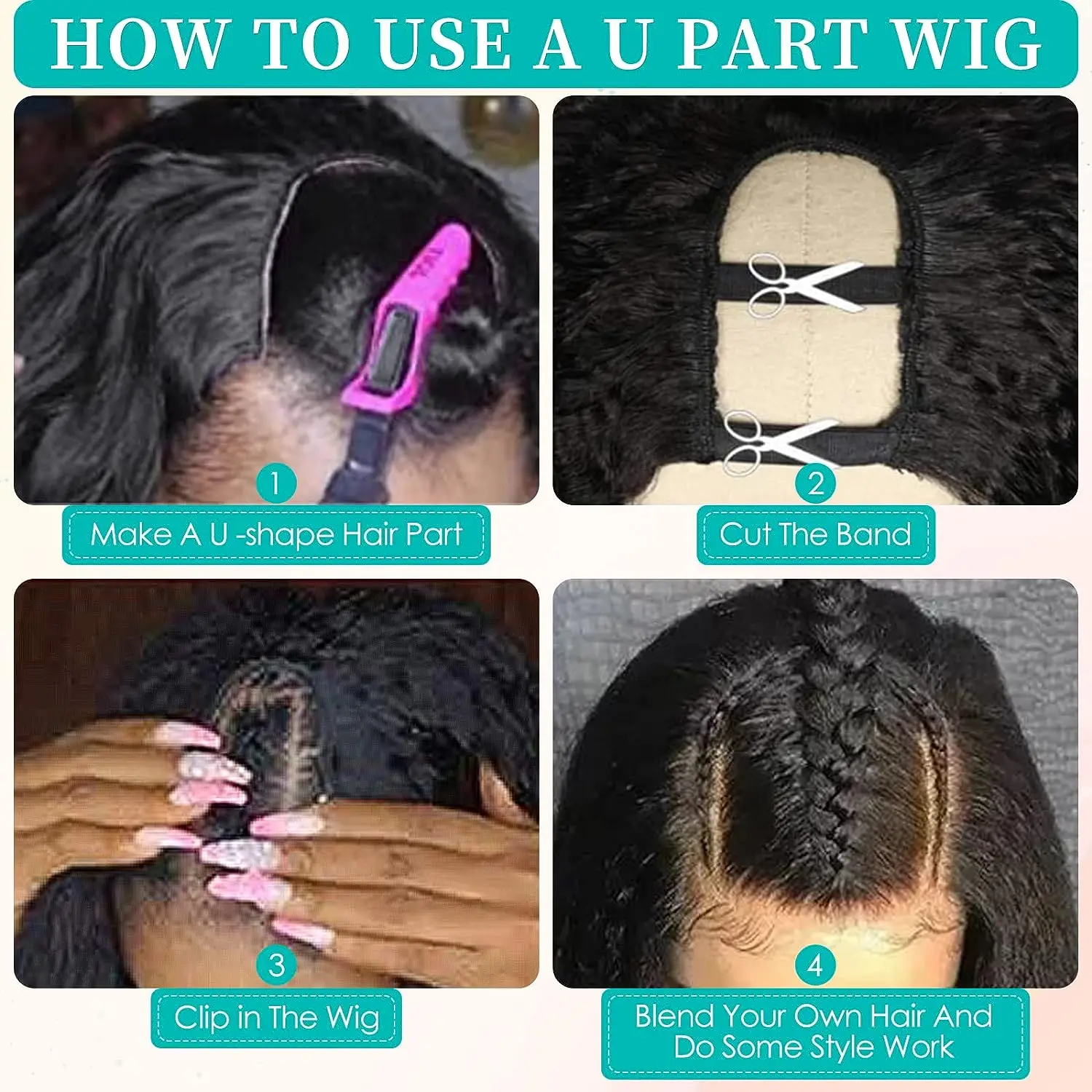 Wig rambut sintetis lembut komponen U, Wig lurus Kinky, rambut palsu tanpa lem, Wig Italia Yaki, klip lurus setengah untuk wanita, Wig bentuk U