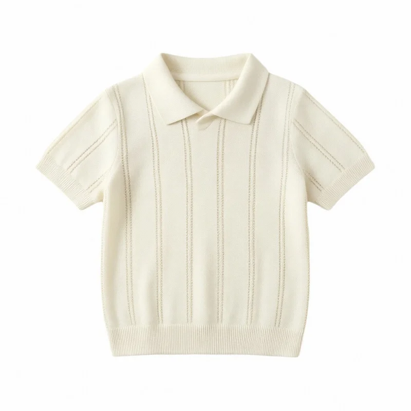 Hollow DesignPoloIce silk knitted shirt for boys and girls, stylish, breathable, versatile air conditioning shirttShirt Top