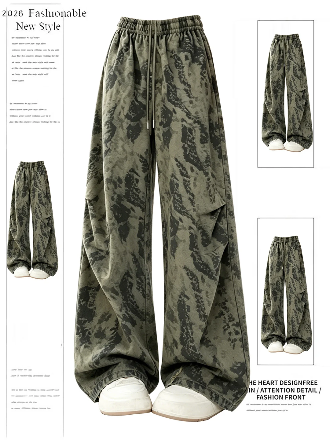 

American Retro Street Style Dyed Wide Leg Pants Women Summer 2026 New Loose Slim Elastic Waist Casual Pants