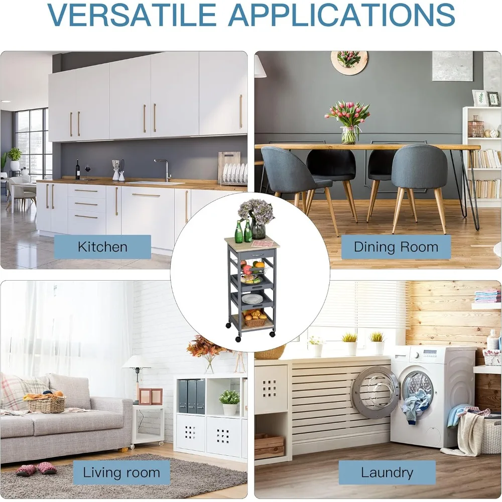 عربة مطبخ متنقلة مع مساحة تخزين، عربة أدوات دوارة مع درج وسلال، إطار خشبي رمادي #6