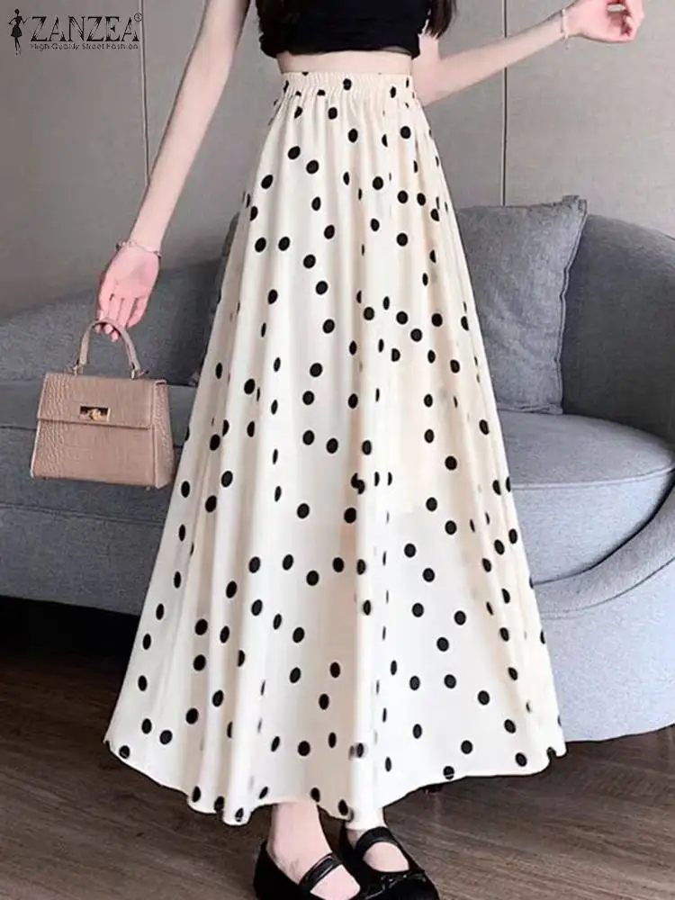 Zanzea Zomer Polka Dot Paraplu Rok Vrouwen Casual Plooien A Line Midi Rokken Elastische Taille Jupe Vakantie Strand Bohemian Faldas