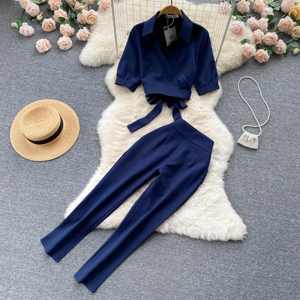 

Navy Blue Fashion Two Piece Autumn New Women's Outfits Flip Collar Short Sleeve Strap up Shirt Top+High Waist Casual Shorts Sets