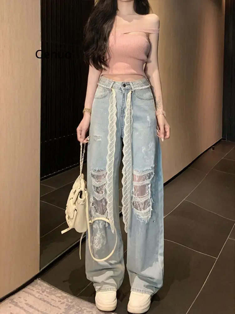 

Ripped Lace Stitching Flash Diamond Wide Leg Jeans Women's 2025 Spring High Waist Slimming Straight Pants Slimming