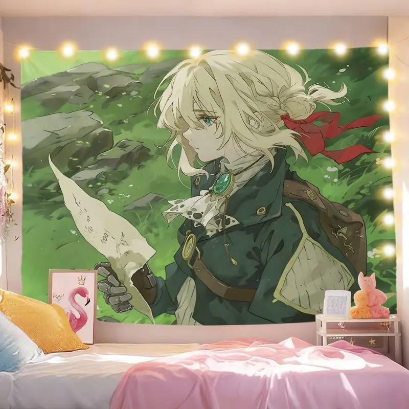 VIKAMA Violet Eternal Garden Anime Tapestry Kawaii Aesthetic Wall Hanging for Girl Bedroom Dorm College Otaku Room Home Decor