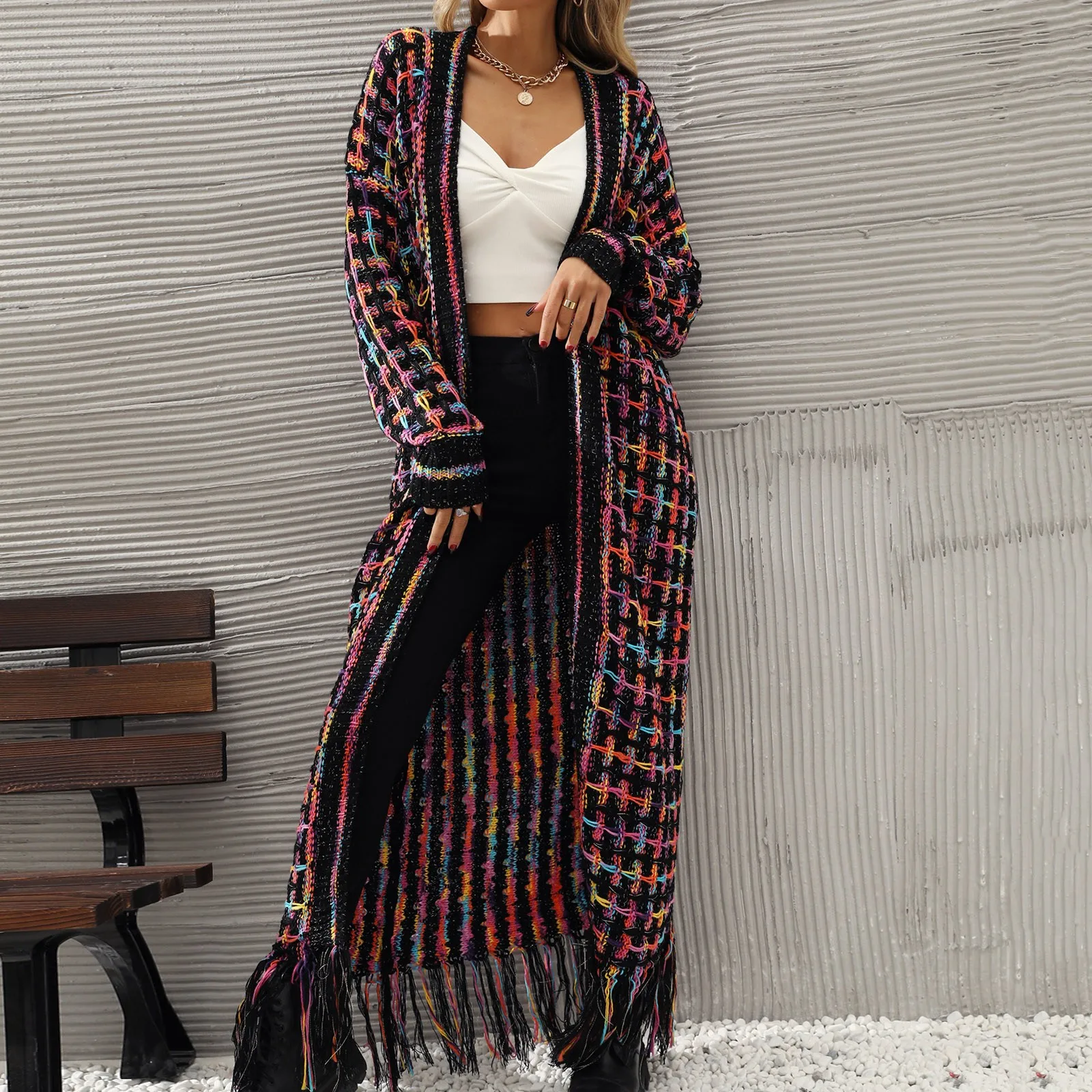 Women Colorful Cardigan Long Sleeve Knitted Open Front Loose Warm Sweater Coat with Tassel Floor Length Autumn Winter Jackets