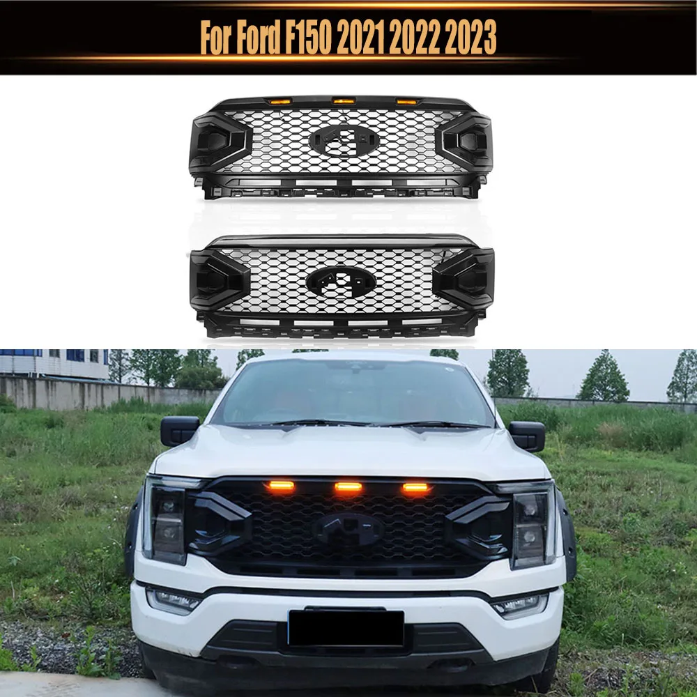 

Car Racing Grills Front Bumper Cover Upper Mesh Grille With LED Light Guard Grid Black Widow Style For Ford F150 2021-2023