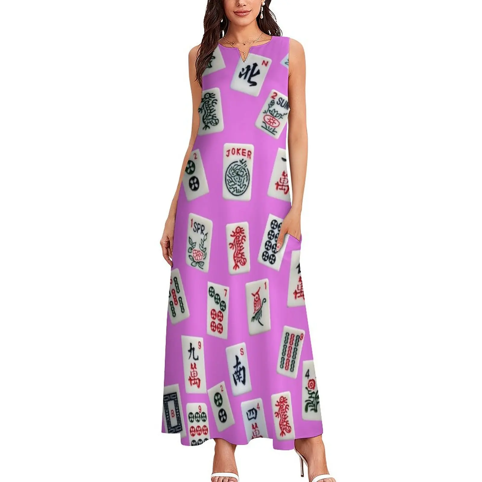 Mahjongg game tiles design on pink color Long Dress Women's dress summer dresses womens 2025 summer outfits for women 2025