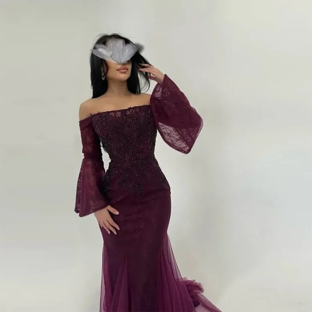 Eenvoudige off-the-shoulder avondjurken lange mouwen elegante zeemeermin avondjurken vloerlengte galajurken jurk op maat