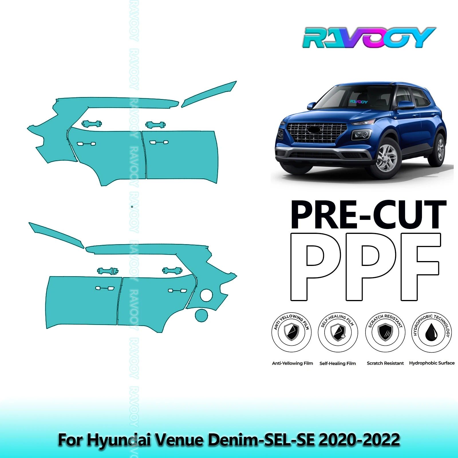 

For Hyundai Venue Denim-SEL-SE 2020-2022 8.5mil Clear Matte Pre-Cut PPF Door & A/B Pillar Kit TPU Paint Protection Film Set