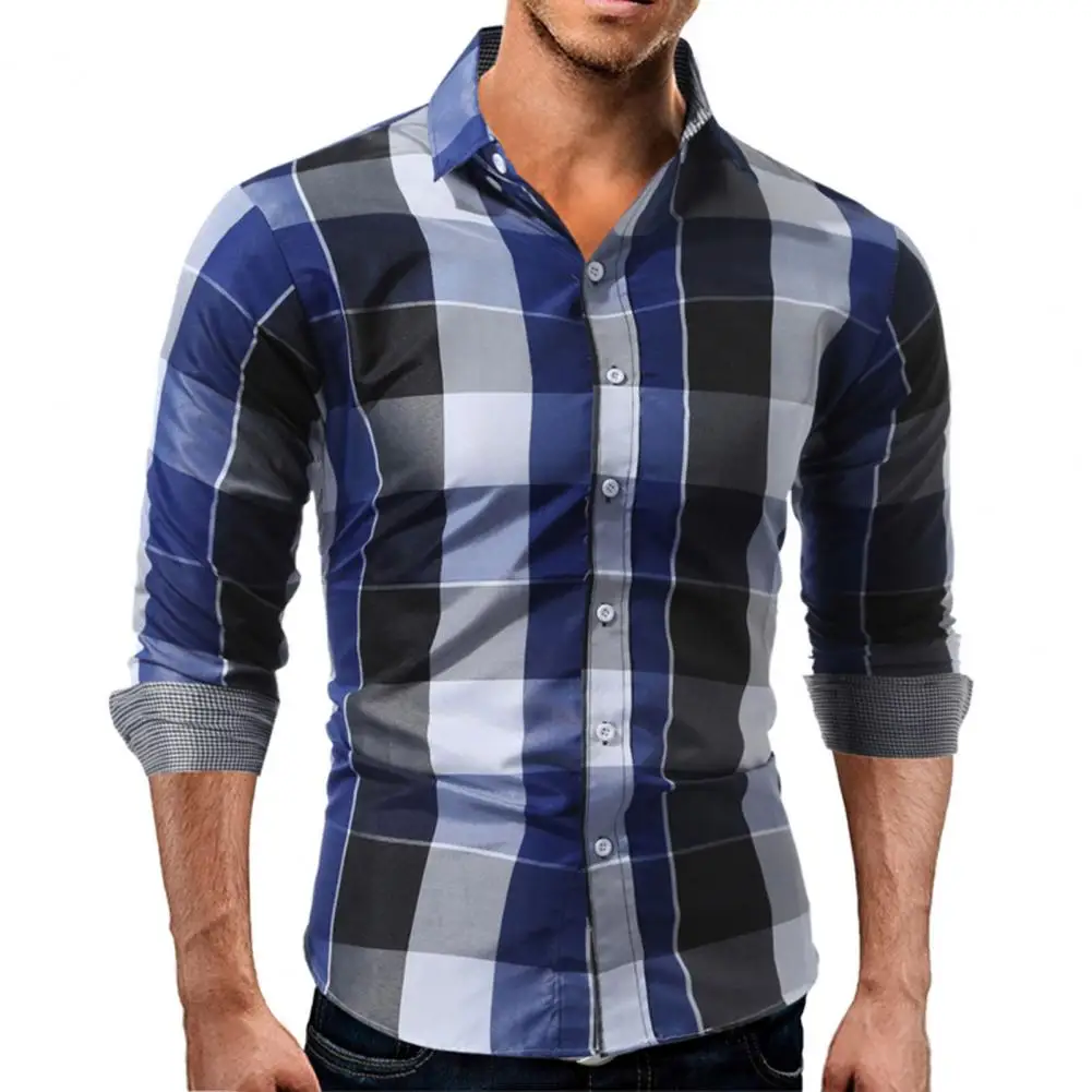 

Spring Men's Plaid Long-Sleeved Casual Shirt Regular Fit Classic Single Breasted Turn-down Collar Top For Work