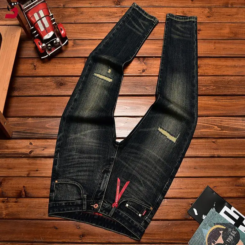 2025 New Men's Vintage Retro Jeans Men's Autumn Distressed Patched Slim Fit Stretch High-end Long Pants